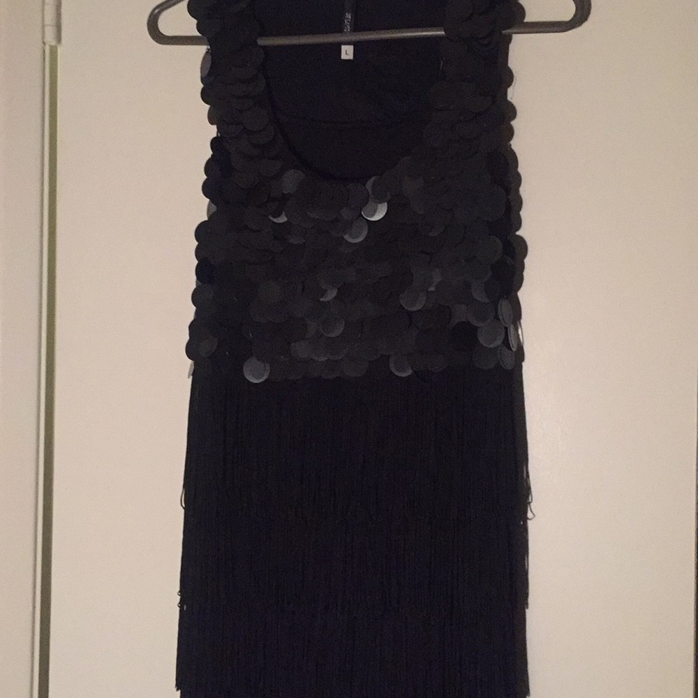 Deluvise sequin fringe body tassel blk dress Sz l